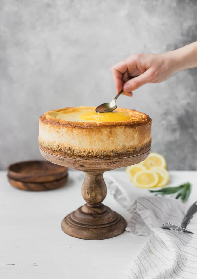 keto Cheesecake Recipe - cake on a wooden pedestal
