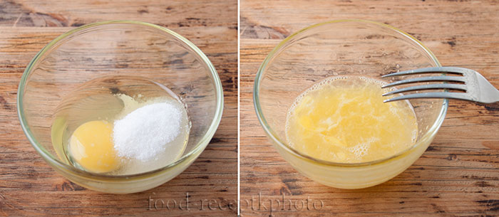 На фото в стеклянном салатнике смесь сырых яиц с сахаром и солью для приготовления теста