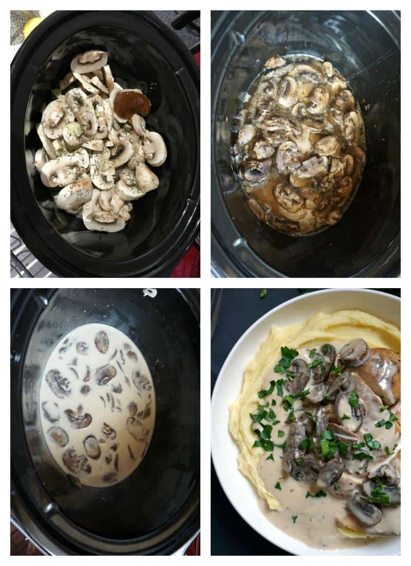 Collage of 4 photos to show how to make slow cooker mushroom chicken