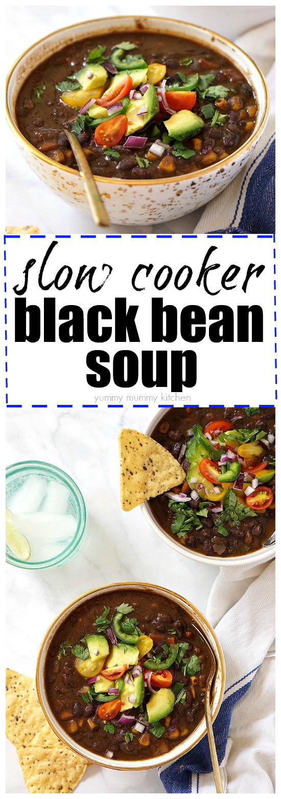 This easy vegetarian and vegan black bean soup is so easy to make in the slow cooker! 