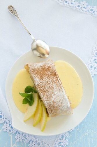 Viennese strudel with vanilla sauce.