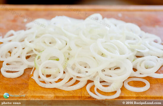 Onions separated into rings from making french fried onions