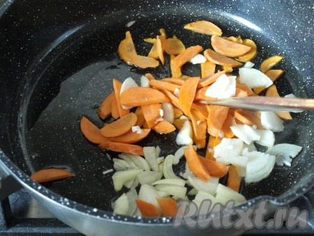 В сковороде разогреть подсолнечное масло. Немного обжарить лук с морковью.