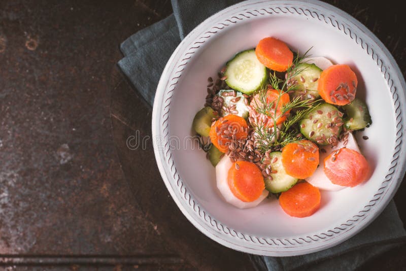 Fresh vegetables salad with daikon radish and carrot stock photos