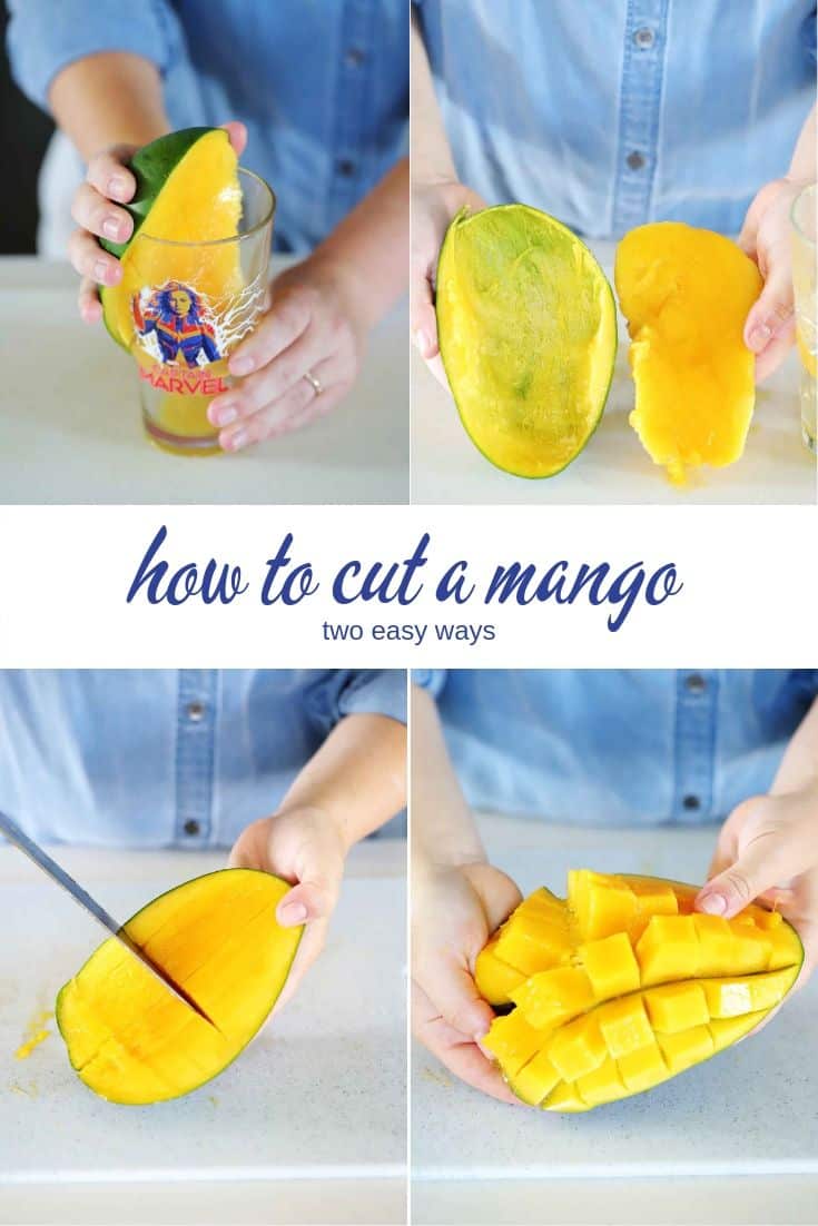 A collage showing two ways for how to cut and peel a mango.