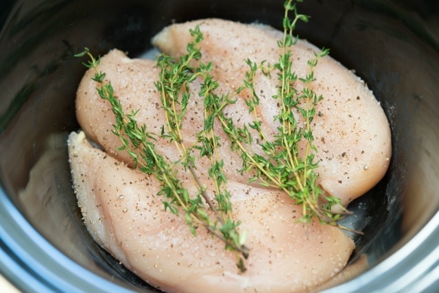 Crockpot Chicken Breast Recipe with herbs for salad, rice, tacos, and more