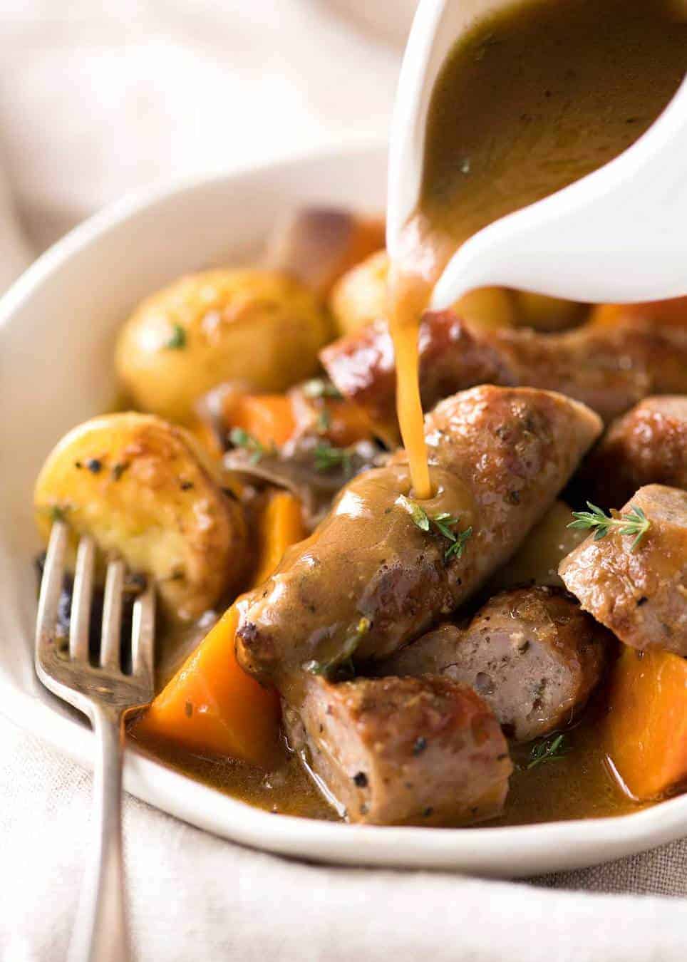 Sausage Bake and Vegetables with Gravy - baked in one pan! recipetineats.com