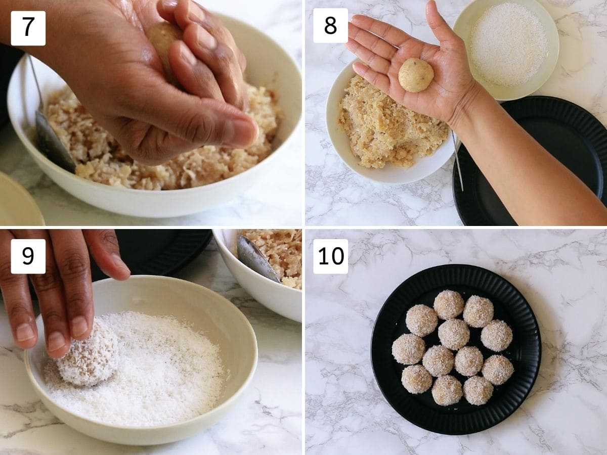 collage of shaping coconut ladoo. Showing shaping tight ball using fist, rolling into dry coconut and arranged on the plate.