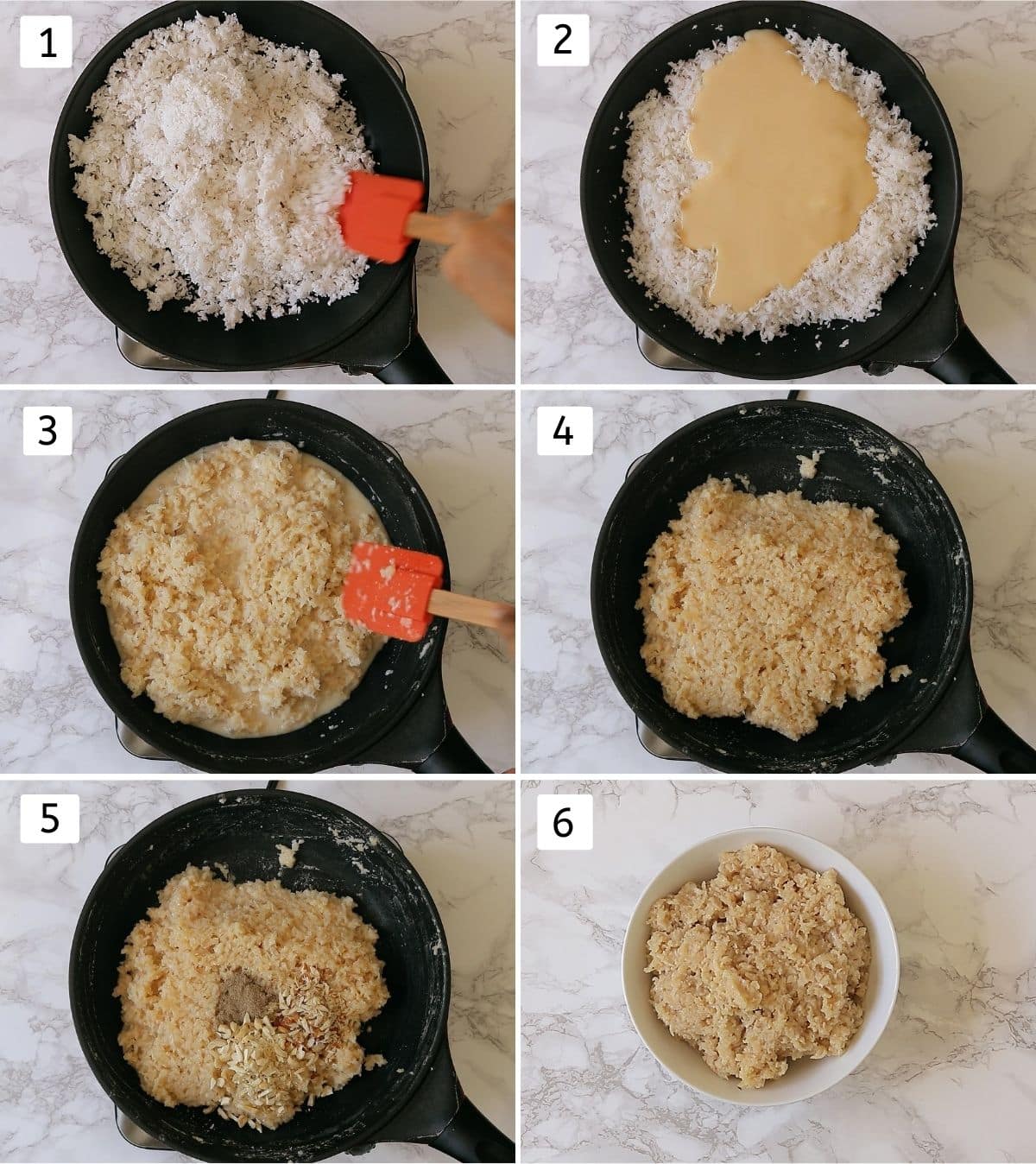 collage of making coconut ladoo mixture. Includes roasting coconut, adding condensed milk, cooking, adding nuts, removing to a bowl.