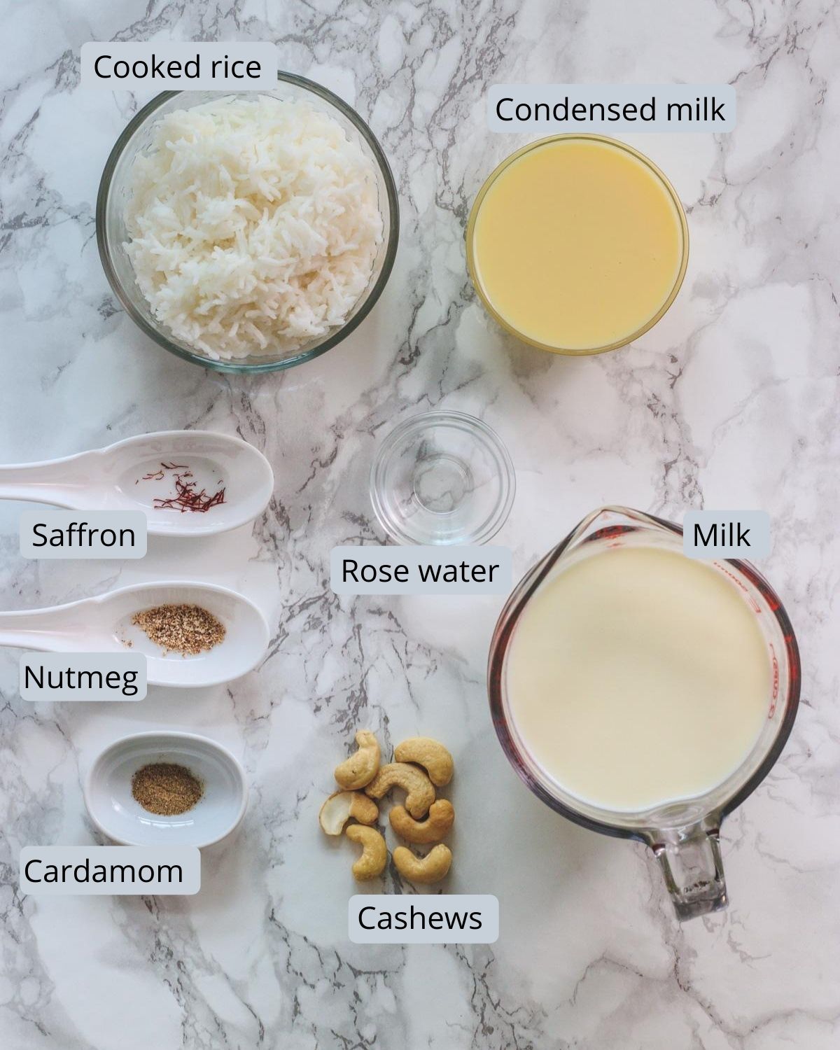 ingredients used in kheer includes cooked rice, condensed milk, milk, cashews, saffron, nutmeg, cardamom, rose water
