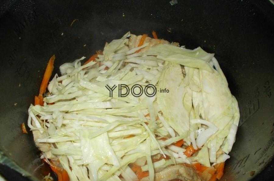 мясо, лук, морковь, помидоры и нашинкованная капуста в чаше мультиварки